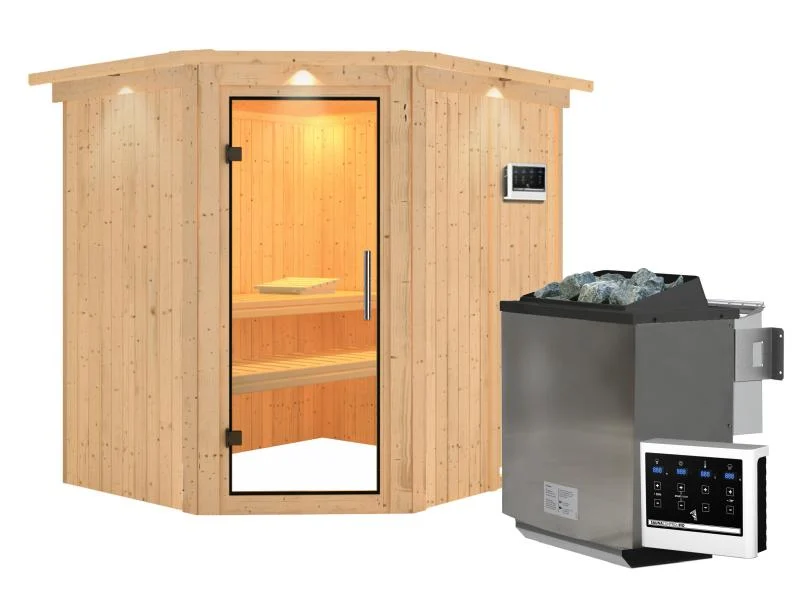 Karibu Sauna Siirin inkl. 9kW Bioofen ext. Steuerung mit Klarglas Ganzglastür -mit Dachkranz-