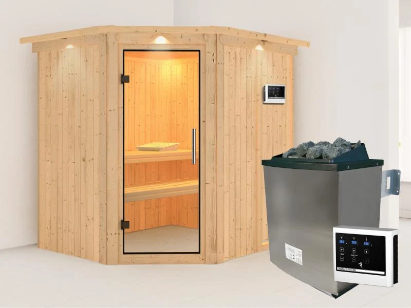 Karibu Sauna Siirin inkl. 9kW Ofen mit ext. Steuerung mit Klarglas Ganzglastür -mit Dachkranz-
