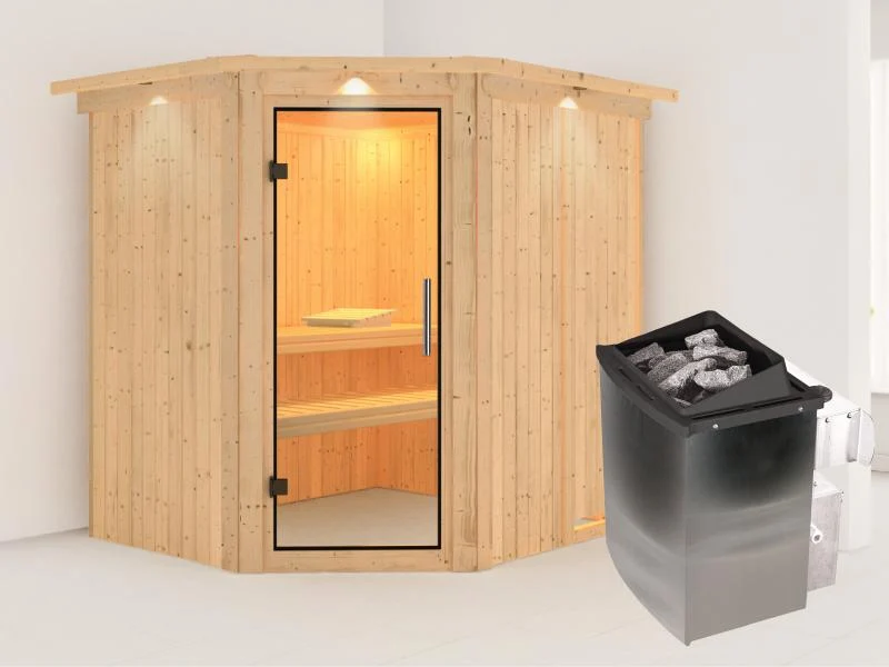 Karibu Sauna Siirin inkl. 9kW Ofen mit int. Steuerung mit Klarglas Ganzglastür -mit Dachkranz-