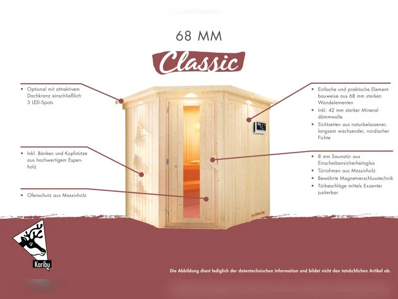 Karibu Sauna Siirin inkl. 9kW Ofen mit int. Steuerung mit Klarglas Ganzglastür -mit Dachkranz-