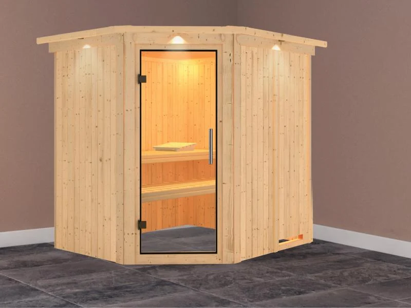 Karibu Sauna Siirin ohne Ofen, mit Dachkranz, mit Klarglas Ganzglastür