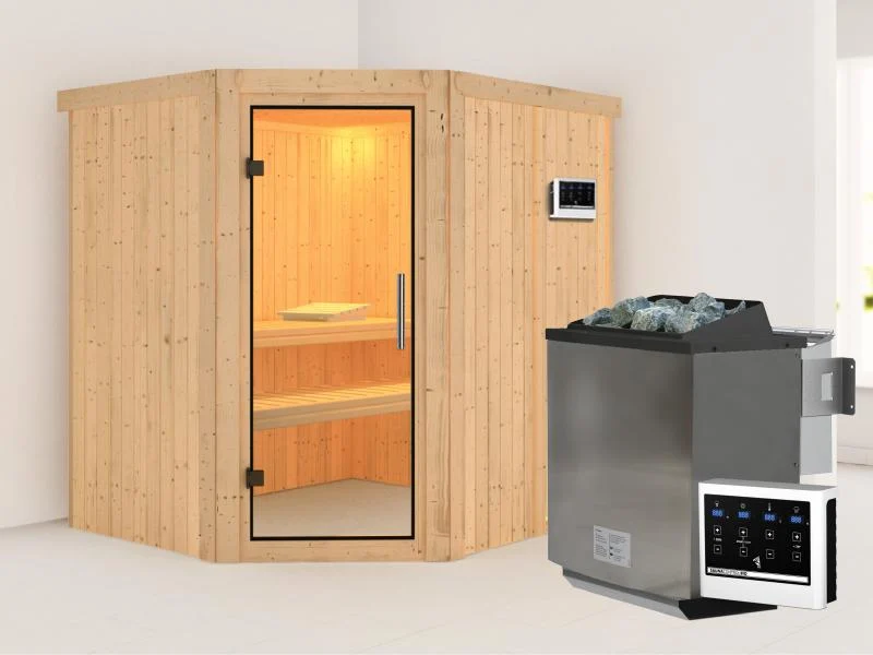 Karibu Sauna Siirin inkl. 9 kW Bioofen mit ext. Steuerung mit Klarglas Ganzglastür -ohne Dachkranz-