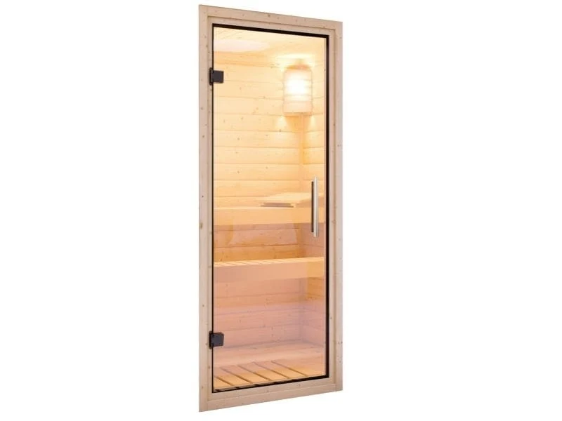 Karibu Sauna Siirin inkl. 9kW Ofen mit ext. Steuerung mit Klarglas Ganzglastür -ohne Dachkranz-