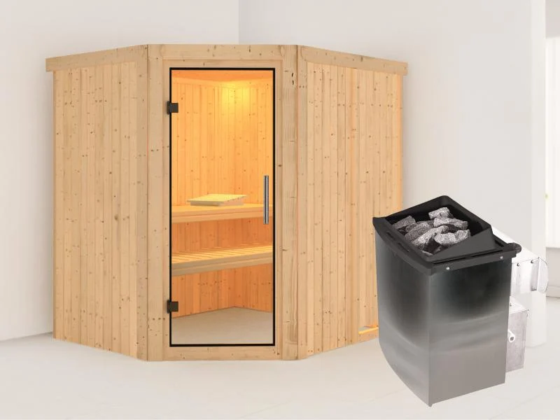 Karibu Sauna Siirin inkl. 9kW Ofen mit integr. Steuerung mit Klarglas Ganzglastür -ohne Dachkranz-