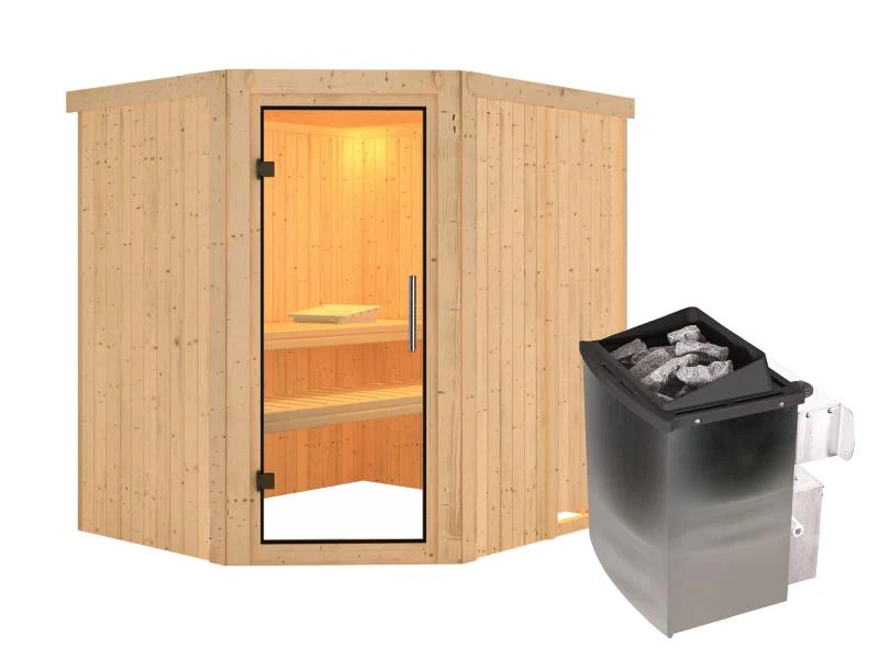 Karibu Sauna Siirin inkl. 9kW Ofen mit integr. Steuerung mit Klarglas Ganzglastür -ohne Dachkranz-