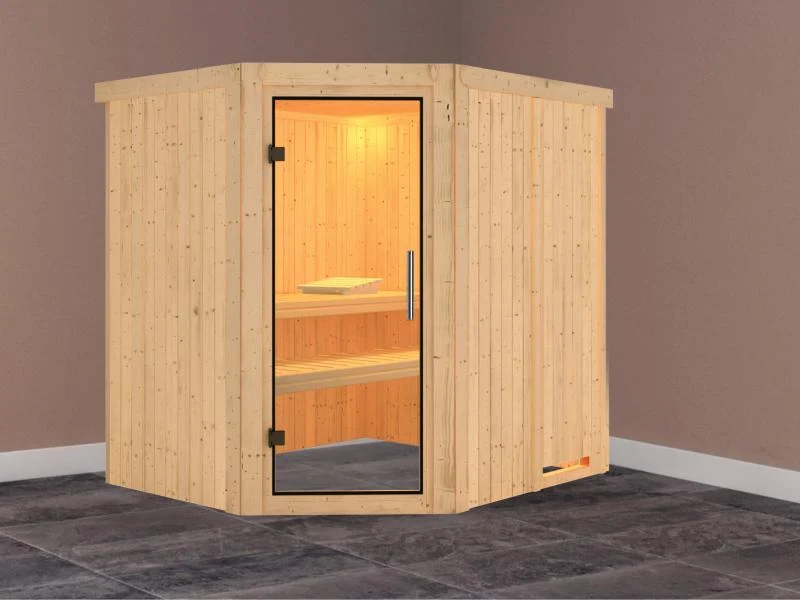 Karibu Sauna Siirin ohne Ofen, ohne Dachkranz, mit Klarglas Ganzglastür