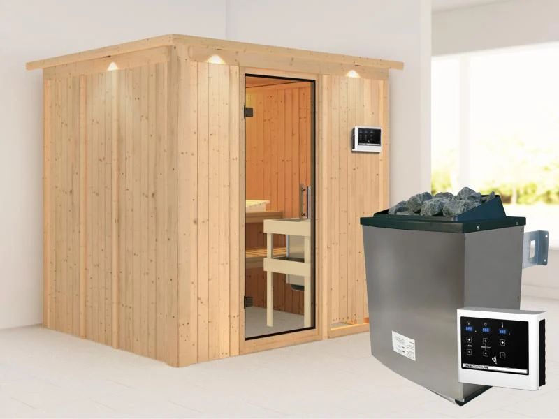 Karibu Sauna Sodin inkl. 9 kW Ofen ext. Steuerung mit Klarglas Ganzglastür - mit Dachkranz -