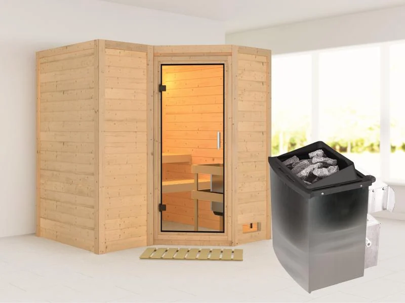 Karibu Sauna Sahib 1 inkl. 9 kW Ofen mit integr. Steuerung, mit Klarglas-Ganzglastür -ohne Dachkranz