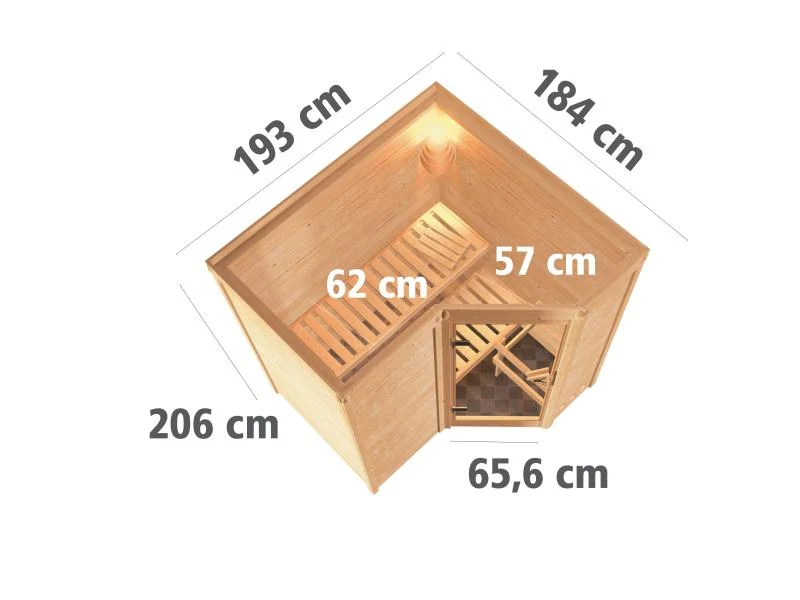 Karibu Sauna Sahib 1 inkl. 9 kW Ofen mit integr. Steuerung, mit Klarglas-Ganzglastür -ohne Dachkranz