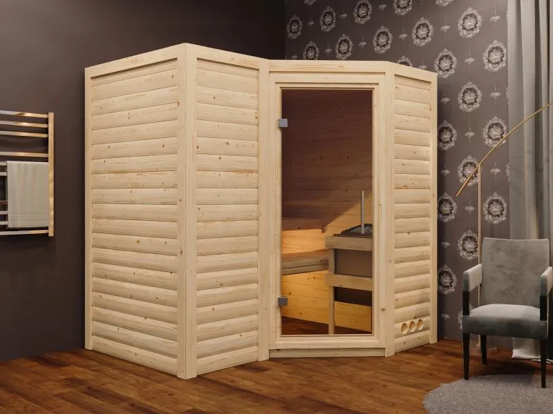 Karibu Sauna Sahib 1 ohne Ofen, mit Klarglas Ganzglastür -ohne Dachkranz-