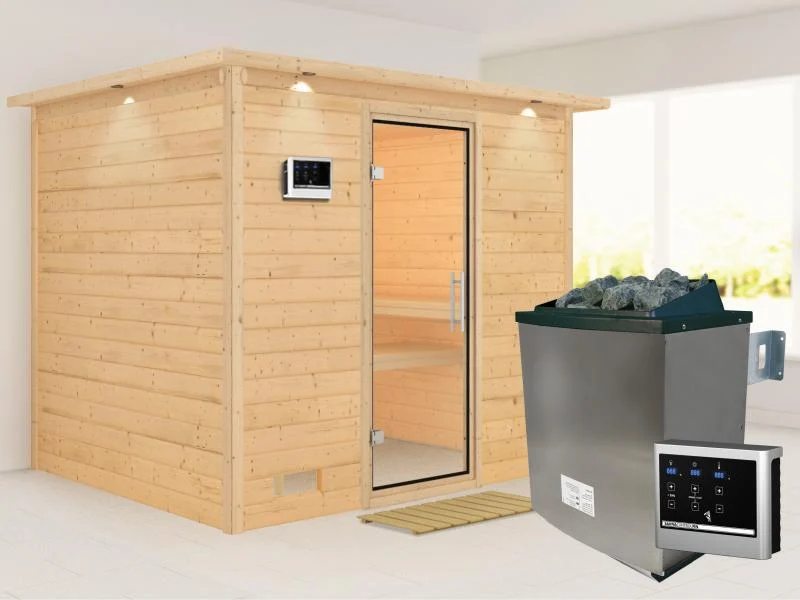 Karibu Sauna Sonara inkl. 9 kW Ofen mit ext. Steuerung, mit Dachkranz, mit Klarglas Ganzglastür