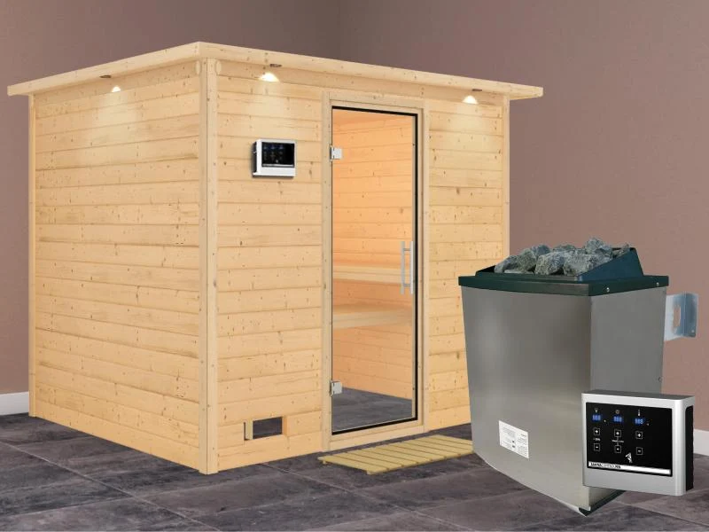 Karibu Sauna Sonara inkl. 9 kW Ofen mit ext. Steuerung, mit Dachkranz, mit Klarglas Ganzglastür