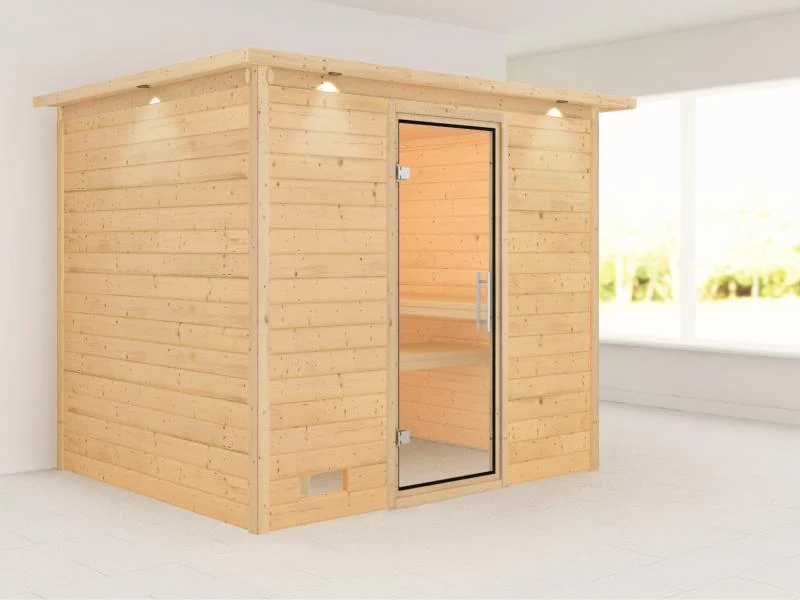 Karibu Sauna Sonara ohne Ofen, mit Dachkranz, mit Klarglas Ganzglastür