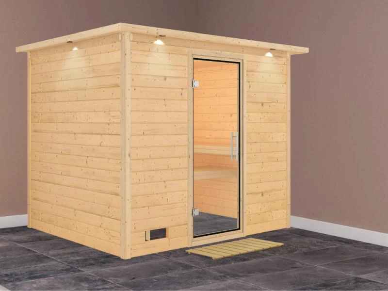 Karibu Sauna Sonara ohne Ofen, mit Dachkranz, mit Klarglas Ganzglastür