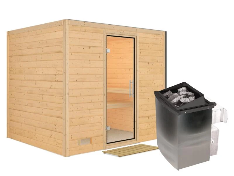 Karibu Sauna Sonara inkl. 9 kW Ofen mit int. Steuerung, ohne Dachkranz, mit Klarglas Ganzglastür