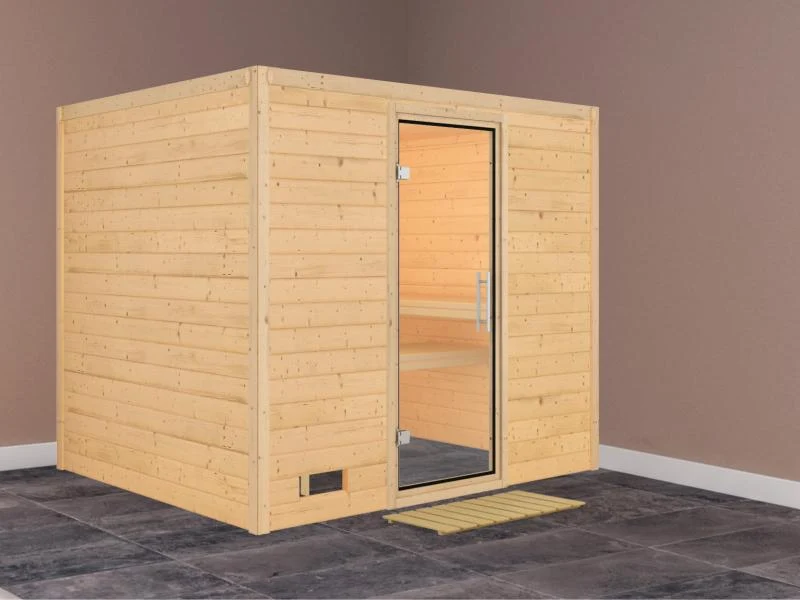 Karibu Sauna Sonara ohne Ofen, ohne Dachkranz, mit Klarglas Ganzglastür