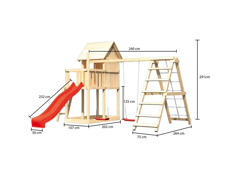 Karibu Stelzenhaus Frieda + Rutsche rot + Doppelschaukelanbau Klettergerüst