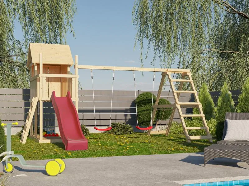 Karibu Stelzenhaus Frieda + Rutsche rot + Doppelschaukelanbau Klettergerüst