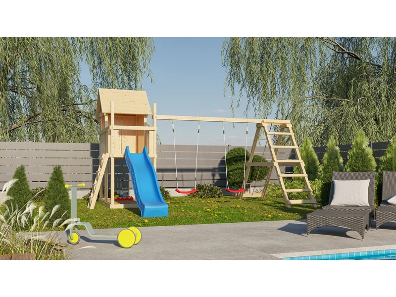 Karibu Stelzenhaus Frieda + Rutsche blau + Doppelschaukelanbau Klettergerüst