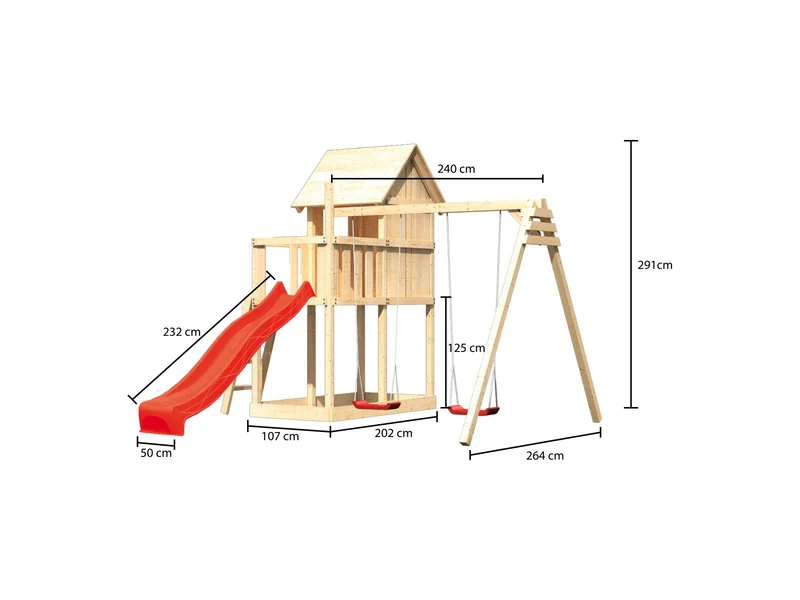 Karibu Stelzenhaus Frieda + Rutsche rot + Doppelschaukel