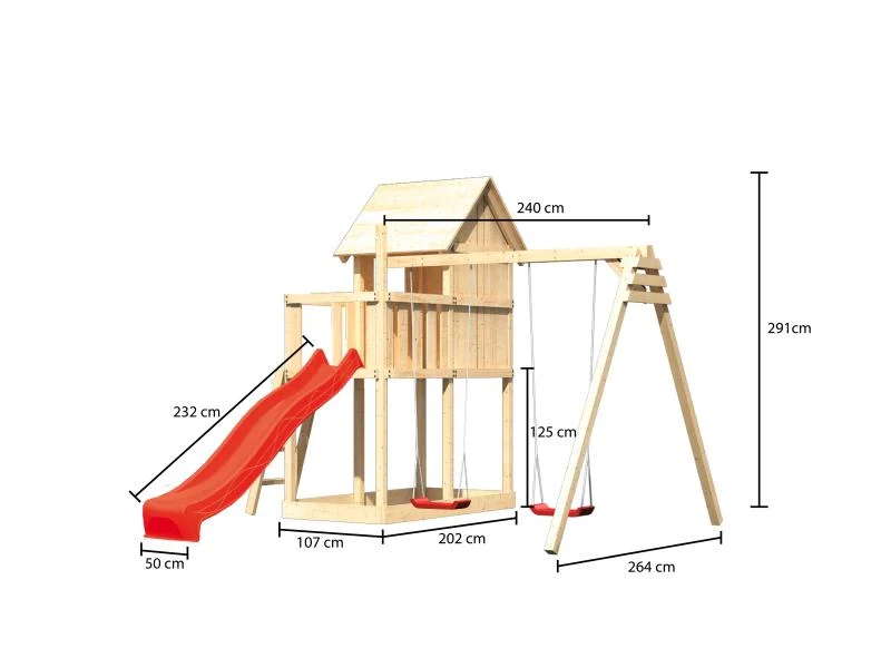 Karibu Stelzenhaus Frieda + Rutsche rot + Doppelschaukel