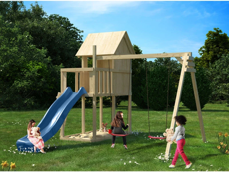 Karibu Stelzenhaus Frieda + Rutsche blau + Doppelschaukel