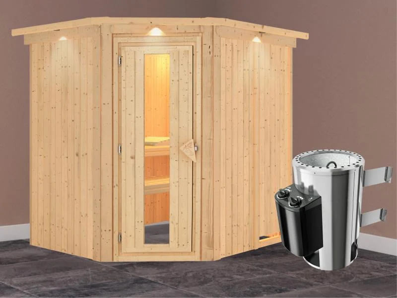 Lilja - Karibu Sauna Plug & Play 3,6 kW Ofen, int. Steuerung - mit Dachkranz - Energiespartür