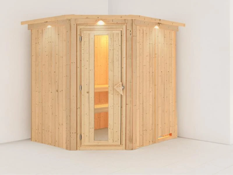 Lilja - Karibu Sauna Plug & Play ohne Ofen - mit Dachkranz - Energiespartür