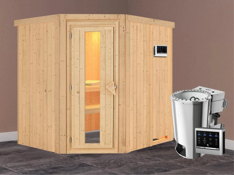 Lilja - Karibu Sauna Plug & Play 3,6 kW Bio Ofen, ext. Steuerung - ohne Dachkranz - Energiespartür