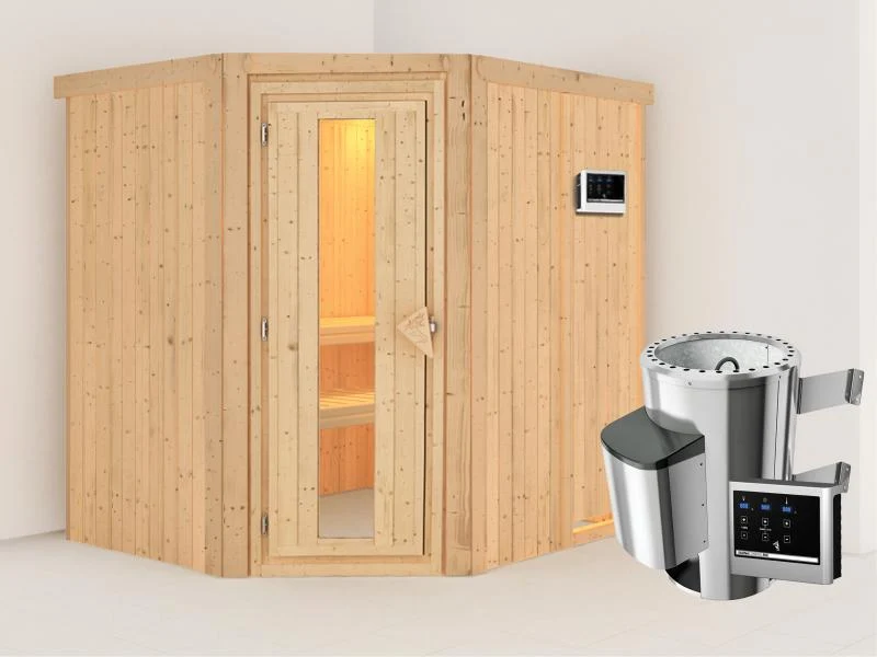 Lilja - Karibu Sauna Plug & Play 3,6 kW Ofen, ext. Steuerung - ohne Dachkranz - Energiespartür