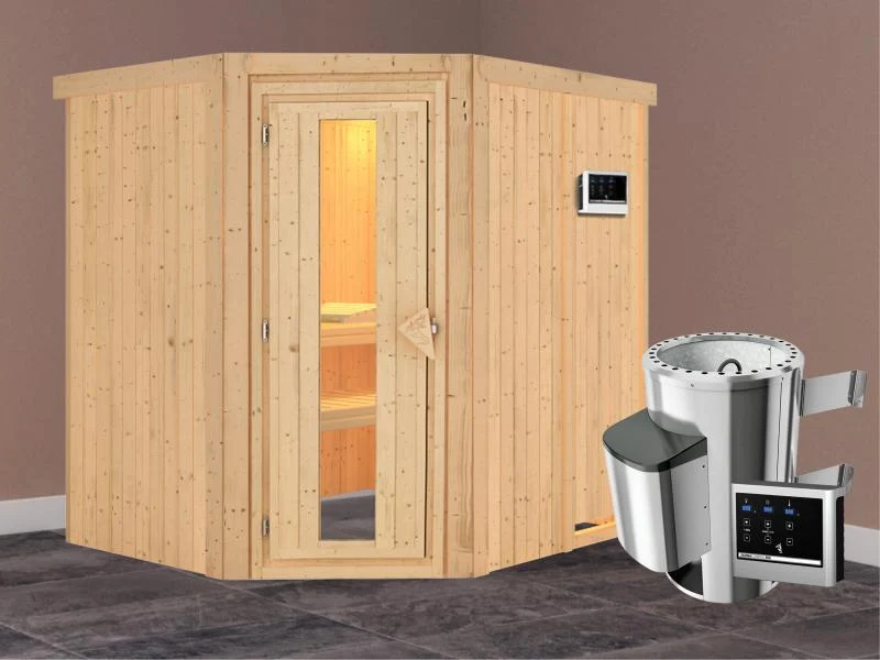 Lilja - Karibu Sauna Plug & Play 3,6 kW Ofen, ext. Steuerung - ohne Dachkranz - Energiespartür