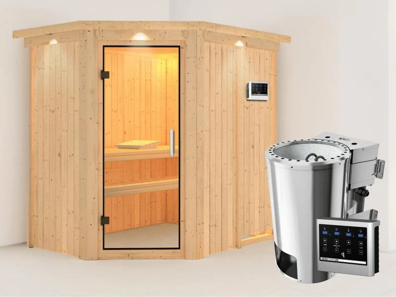 Saja - Karibu Sauna Plug & Play 3,6 kW Bio Ofen, ext. Steuerung - mit Dachkranz - Klarglas Ganzglast
