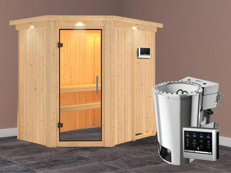 Saja - Karibu Sauna Plug & Play 3,6 kW Bio Ofen, ext. Steuerung - mit Dachkranz - Klarglas Ganzglast