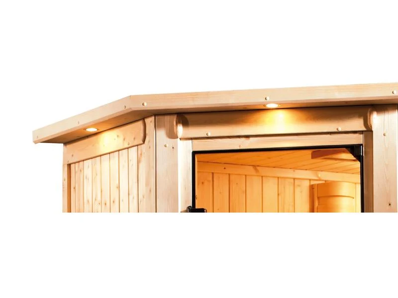 Karibu Sauna Sandra inkl. 9 kW Ofen ext. Steuerung mit klassischer Saunatür -mit Dachkranz-