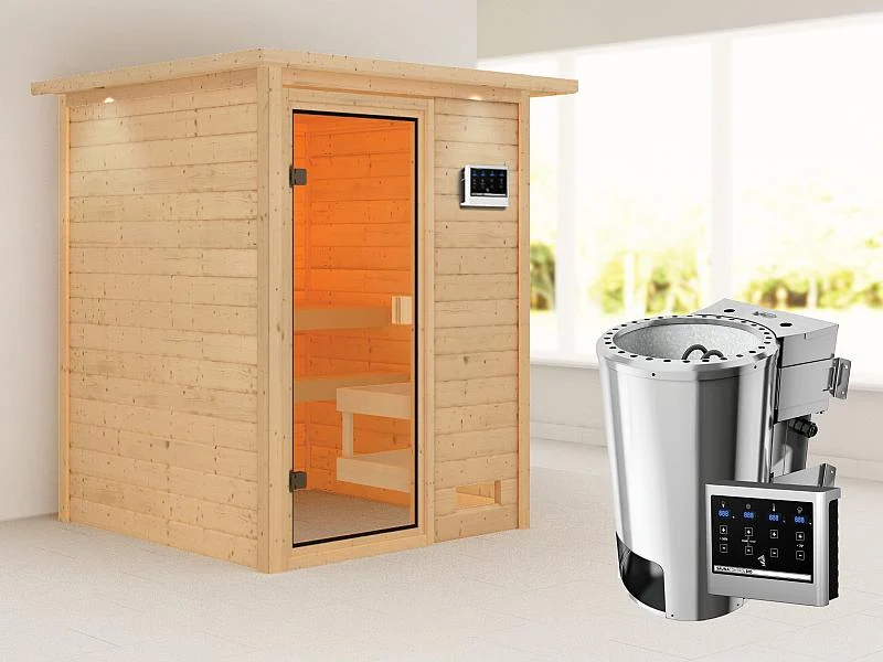 Karibu Sauna Sandra mit 3,6 kW Bioofen ext. Strg und Dachkranz 38 mm