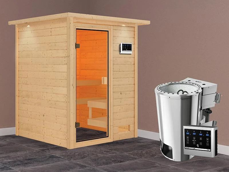 Karibu Sauna Sandra mit 3,6 kW Bioofen ext. Strg und Dachkranz 38 mm