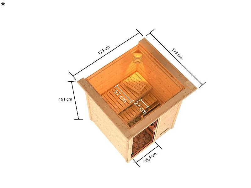 Karibu Sauna Sandra mit 3,6 kW Ofen integr. Strg und Dachkranz 38 mm
