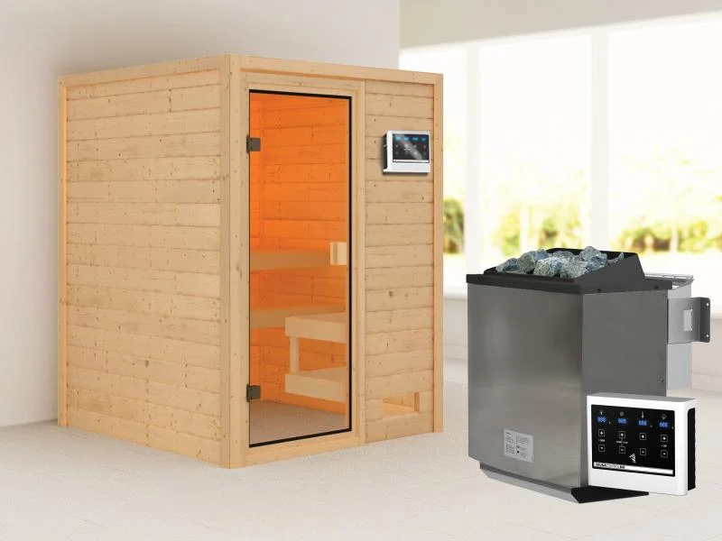 Karibu Sauna Sandra inkl. 9 kW Bioofen ext. Steuerung mit klassischer Tür -ohne Dachkranz-