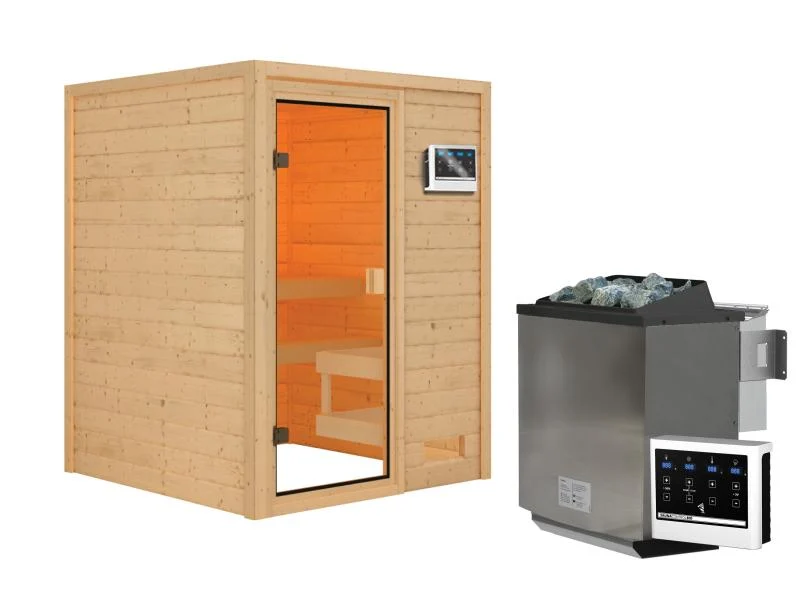 Karibu Sauna Sandra inkl. 9 kW Bioofen ext. Steuerung mit klassischer Tür -ohne Dachkranz-