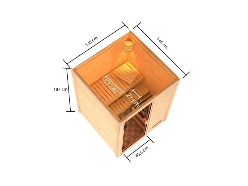 Karibu Sauna Sandra inkl. 9 kW Ofen ext. Steuerung, mit klassicher Tür -ohne Dachkranz-
