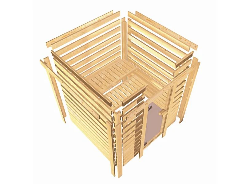 Karibu Sauna Sandra inkl. 9 kW Ofen ext. Steuerung, mit klassicher Tür -ohne Dachkranz-