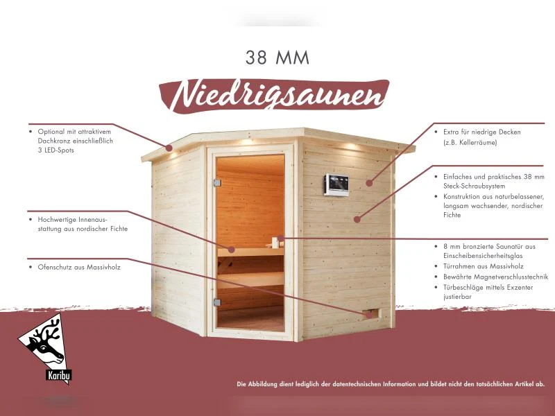 Karibu Sauna Sandra inkl. 9 kW Ofen ext. Steuerung, mit klassicher Tür -ohne Dachkranz-