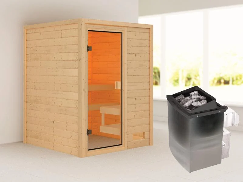Karibu Sauna Sandra inkl. 9 kW Ofen integr. Steuerung mit klassischer Saunatür -ohne Dachkranz-