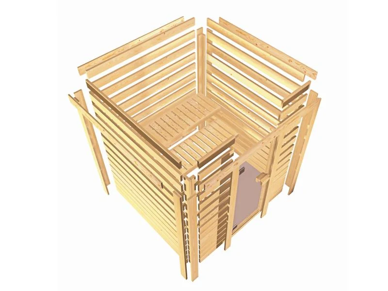Karibu Sauna Sandra inkl. 9 kW Ofen integr. Steuerung mit klassischer Saunatür -ohne Dachkranz-
