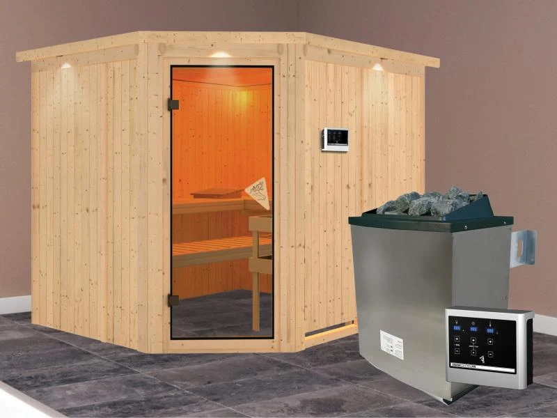 Malin - Karibu Sauna inkl. 9-kW-Ofen - mit Dachkranz -