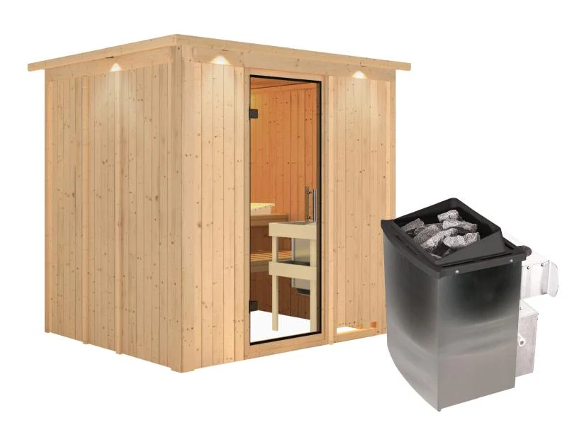 Karibu Sauna Sodin inkl. 9 kW Ofen integr. Steuerung mit Klarglas Ganzglastür - mit Dachkranz -