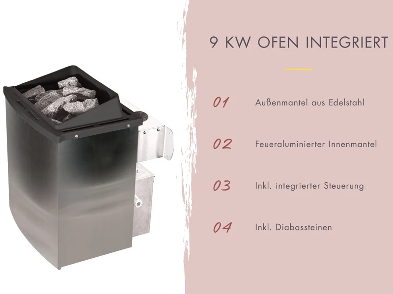 Karibu Sauna Sodin inkl. 9 kW Ofen integr. Steuerung mit Klarglas Ganzglastür - mit Dachkranz -