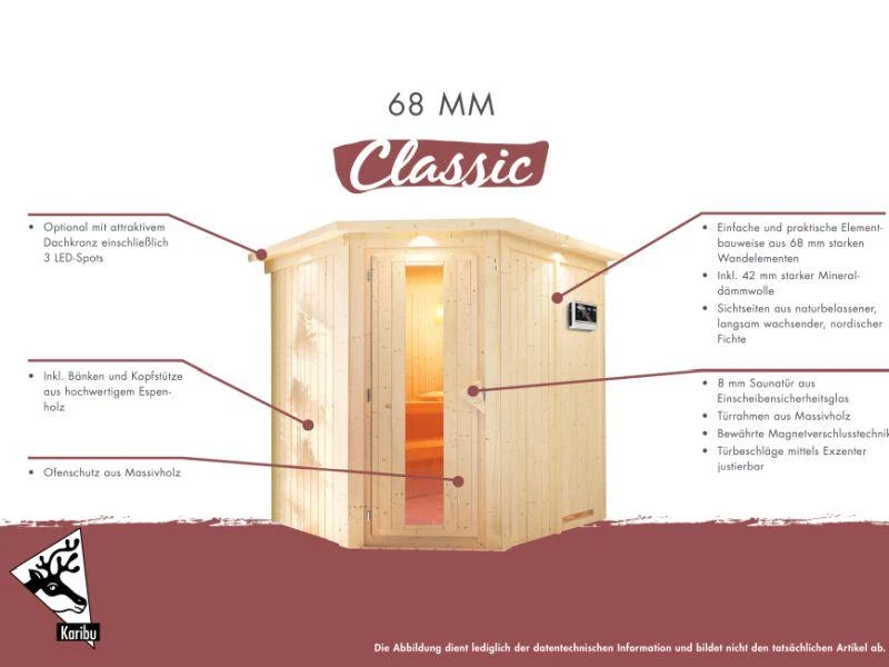 Karibu Sauna Sodin inkl. 9 kW Ofen integr. Steuerung mit Klarglas Ganzglastür - mit Dachkranz -