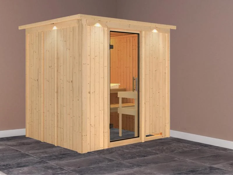 Karibu Sauna Sodin ohne Ofen, mit Dachkranz, mit Klarglas Ganzglastür