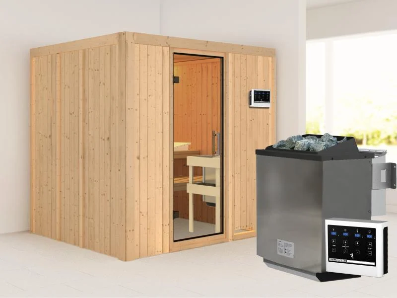 Karibu Sauna Sodin inkl. 9 kW Bioofen ext. Steuerung mit Klarglas Ganzglastür - ohne Dachkranz -